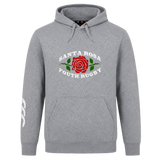 The Santa Rosa Youth Rugby Club Hoodie by Canterbury from WRS Canterbury is a gray hooded sweatshirt featuring a red rose and green leaves graphic. It has white “Santa Rosa Youth Rugby” text above and below the design, along with a white logo on the right sleeve—making it an ideal addition to any rugby club hoodie collection.