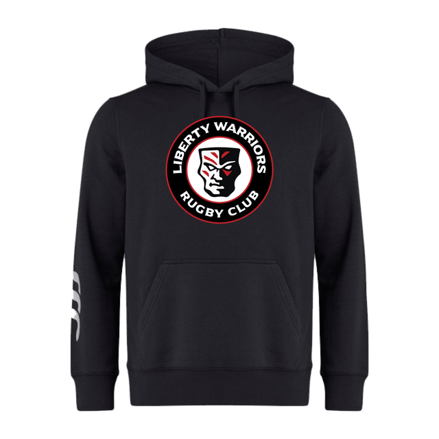 Liberty Lake Warriors Club Hoodie by WRS Canterbury showcases a "Liberty Warriors Rugby Club" logo with a stylized face in the center, crafted from cozy sweatshirt fleece.