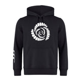 The Missoula All-Maggots Club Hoodie by WRS Canterbury is a black rugby club hoodie showcasing a distinctive white spiral design on the chest and three white curved lines on the left sleeve. This customizable Canterbury hoodie combines comfort and style, making it ideal for teams or casual wear.