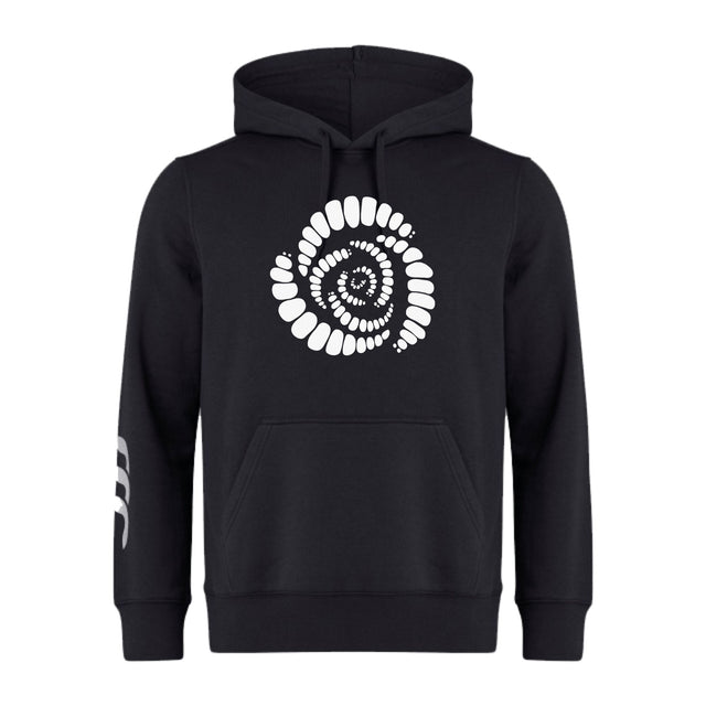 The Missoula All-Maggots Club Hoodie by WRS Canterbury is a black rugby club hoodie showcasing a distinctive white spiral design on the chest and three white curved lines on the left sleeve. This customizable Canterbury hoodie combines comfort and style, making it ideal for teams or casual wear.