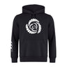 The Missoula All-Maggots Club Hoodie by WRS Canterbury is a black rugby club hoodie showcasing a distinctive white spiral design on the chest and three white curved lines on the left sleeve. This customizable Canterbury hoodie combines comfort and style, making it ideal for teams or casual wear.