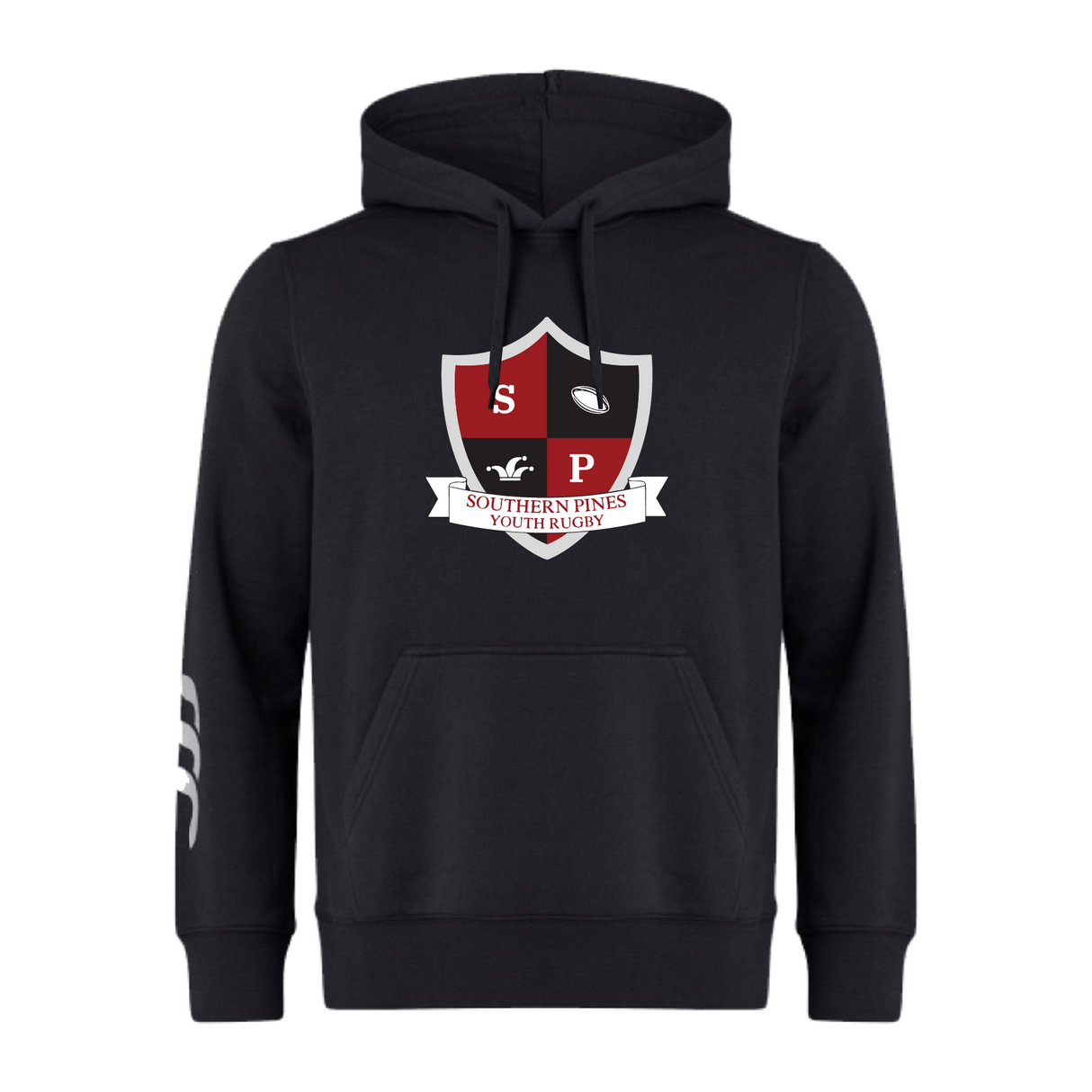 The Southern Pines Youth Rugby Club Hoodie by WRS Canterbury features the rugby club logo with a shield, "SP," a rugby ball, and banner on the chest. Crafted from premium fleece and including a white design on the left sleeve, customization is optional.