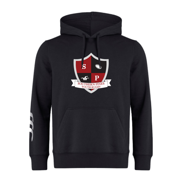 The Southern Pines Youth Rugby Club Hoodie by WRS Canterbury features the rugby club logo with a shield, "SP," a rugby ball, and banner on the chest. Crafted from premium fleece and including a white design on the left sleeve, customization is optional.