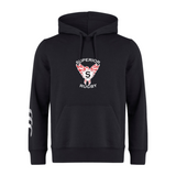 The Superior Rugby Club Club Hoodie by WRS Canterbury features a front pocket, "Superior Rugby" logo with a red and white winged emblem on the chest, and three white stripes on the left sleeve—ideal for rugby fans and players.