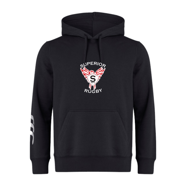 The Superior Rugby Club Club Hoodie by WRS Canterbury features a front pocket, "Superior Rugby" logo with a red and white winged emblem on the chest, and three white stripes on the left sleeve—ideal for rugby fans and players.