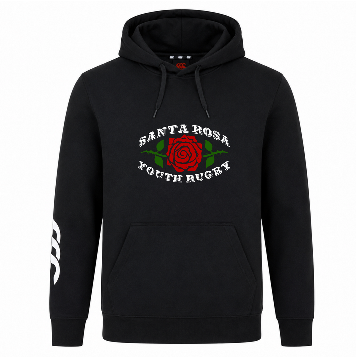 The Santa Rosa Youth Rugby Club Hoodie by Canterbury from WRS Canterbury features a striking red rose graphic and “Santa Rosa Youth Rugby” text on the front, along with a crisp white logo on the left sleeve—making it the perfect custom hoodie for fans of your favorite rugby club.