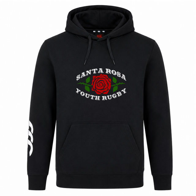 The Santa Rosa Youth Rugby Club Hoodie by Canterbury from WRS Canterbury features a striking red rose graphic and “Santa Rosa Youth Rugby” text on the front, along with a crisp white logo on the left sleeve—making it the perfect custom hoodie for fans of your favorite rugby club.