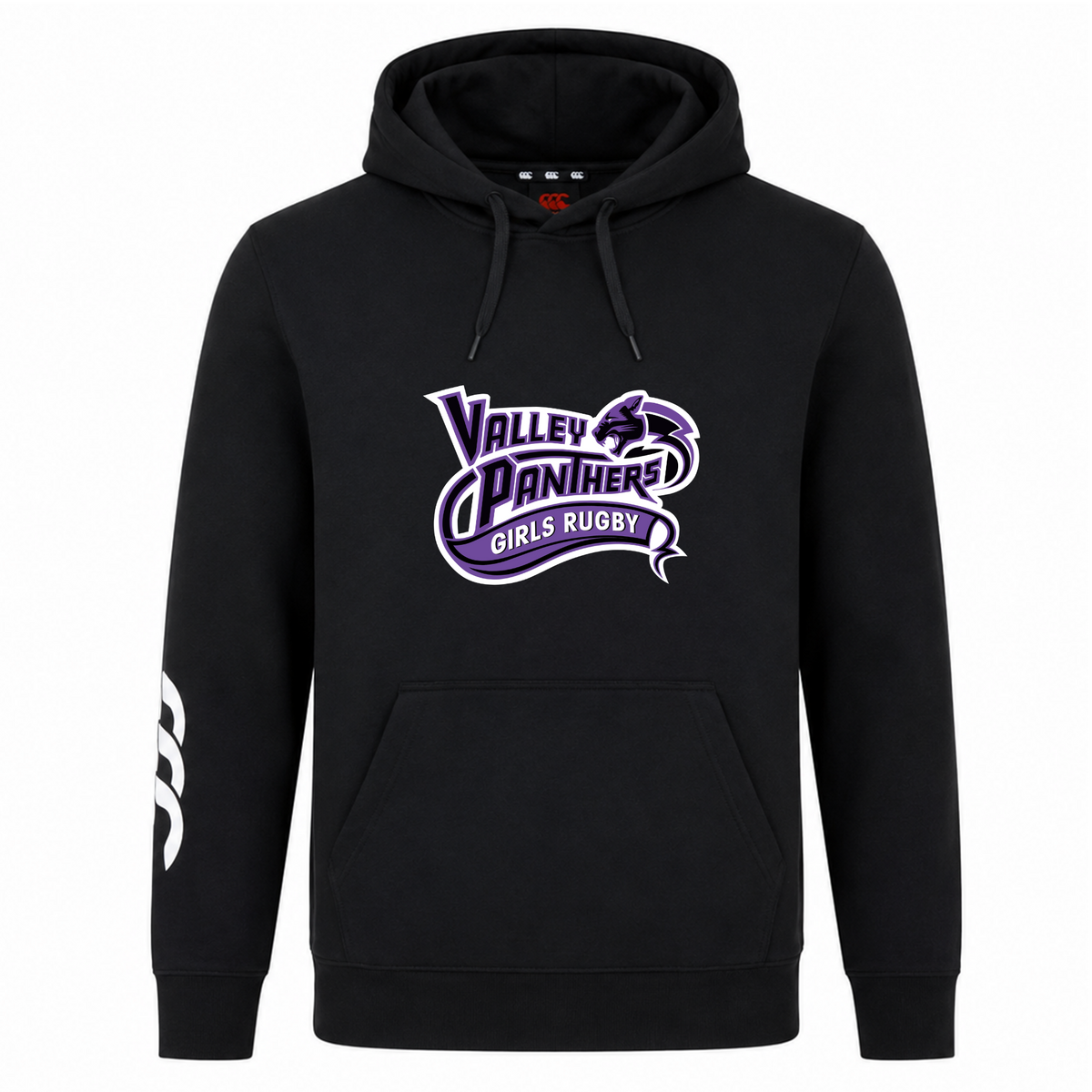 The Valley Panthers Girls Rugby Club Hoodie by WRS Canterbury is a black sweatshirt fleece hoodie featuring bold white stripes on the right sleeve, a striking panther logo on the chest, and “Valley Panthers Girls Rugby” text.