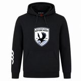 The South Orange County Raptors Club Hoodie by Canterbury, from WRS Canterbury, is a black hooded sweatshirt featuring a “South Orange County Raptors Rugby” crest—with a raptor and rugby ball—on the chest and a bold white triple-stripe design on the right sleeve. This custom hoodie is perfect for showcasing your team spirit, making it an ideal rugby club hoodie for both fans and players.