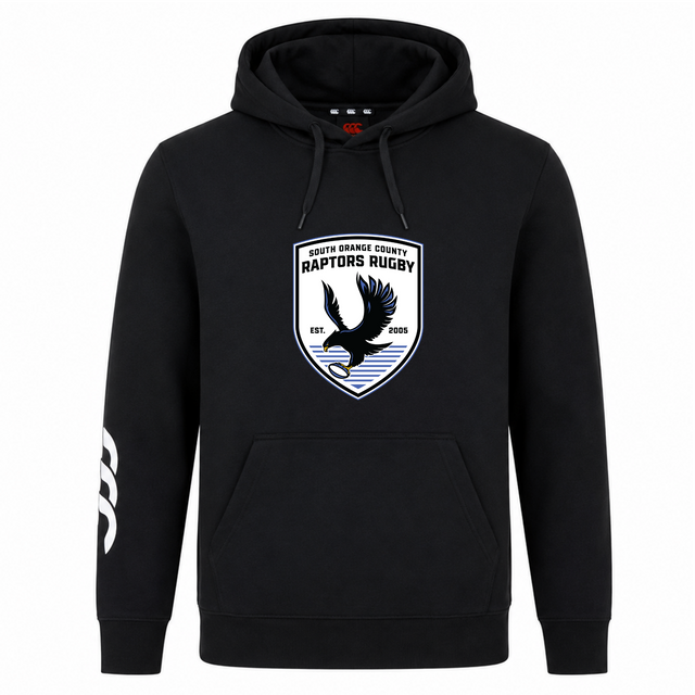 The South Orange County Raptors Club Hoodie by Canterbury, from WRS Canterbury, is a black hooded sweatshirt featuring a “South Orange County Raptors Rugby” crest—with a raptor and rugby ball—on the chest and a bold white triple-stripe design on the right sleeve. This custom hoodie is perfect for showcasing your team spirit, making it an ideal rugby club hoodie for both fans and players.