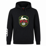 The RVA T.R.C. Club Hoodie by Canterbury from WRS Canterbury is a black custom hoodie crafted from cozy sweatshirt fleece, featuring a front logo with a white rabbit, “RVA” text, and “Richmond, VA” below, plus a white graphic on the left sleeve.