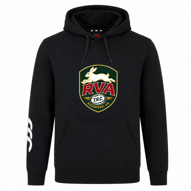 The RVA T.R.C. Club Hoodie by Canterbury from WRS Canterbury is a black custom hoodie crafted from cozy sweatshirt fleece, featuring a front logo with a white rabbit, “RVA” text, and “Richmond, VA” below, plus a white graphic on the left sleeve.