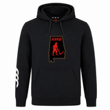 Aging Alabama Rugby Players Club Hoodie by WRS Canterbury featuring a red graphic on the chest with an Alabama state outline, a devil figure holding a scythe, and the word “AARP” in gothic lettering.