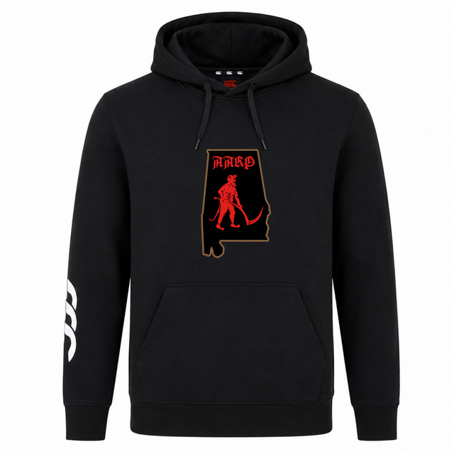 Aging Alabama Rugby Players Club Hoodie by WRS Canterbury featuring a red graphic on the chest with an Alabama state outline, a devil figure holding a scythe, and the word “AARP” in gothic lettering.