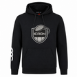 Black ICRON Club Hoodie by Canterbury with a drawstring hood, front kangaroo pocket, and an ICRON rugby club crest graphic on the chest.