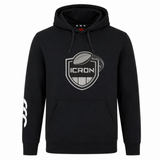Black ICRON Club Hoodie by Canterbury with a drawstring hood, front kangaroo pocket, and an ICRON rugby club crest graphic on the chest.