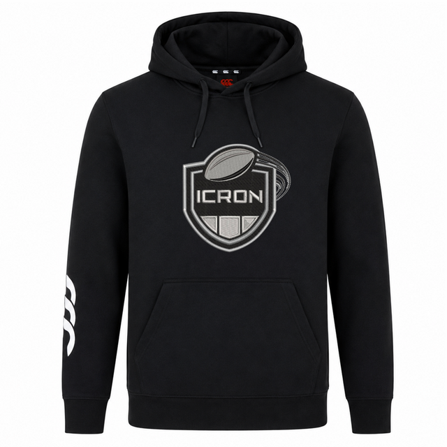 Black ICRON Club Hoodie by Canterbury with a drawstring hood, front kangaroo pocket, and an ICRON rugby club crest graphic on the chest.