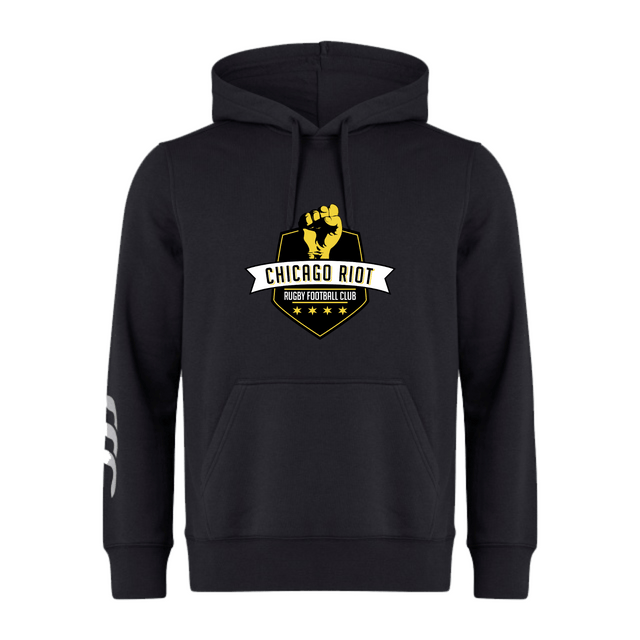 The Chicago Riot Club Hoodie by Canterbury from WRS Canterbury features a yellow and white club logo on the chest and a white sleeve stripe—perfect for any rugby hoodie collection.