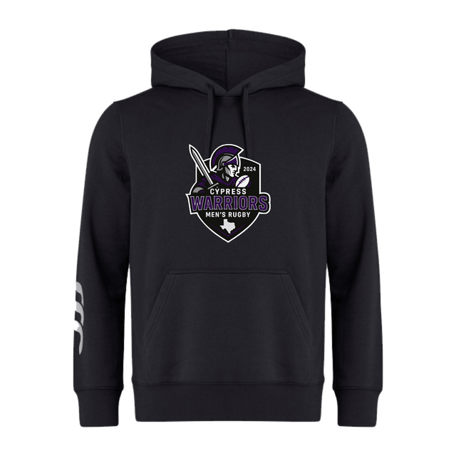 The Cypress Warriors Men's Rugby Club Hoodie by Canterbury from WRS Canterbury features a 2024 logo, warrior graphic, and a bold white left sleeve stripe—making it the perfect official hoodie for rugby fans.
