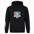 The SWFL Lady Hammerheads Club Hoodie by WRS Canterbury is a black rugby hoodie featuring the team logo with shark graphic on the chest and a white triple-stripe detail on the left sleeve.
