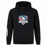 The SWFL Lady Hammerheads Club Hoodie by WRS Canterbury is a black rugby hoodie featuring the team logo with shark graphic on the chest and a white triple-stripe detail on the left sleeve.