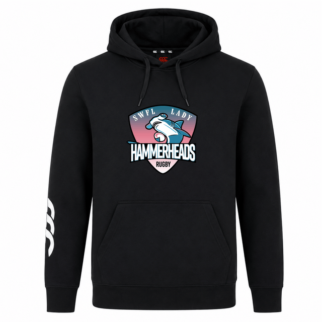 The SWFL Lady Hammerheads Club Hoodie by WRS Canterbury is a black rugby hoodie featuring the team logo with shark graphic on the chest and a white triple-stripe detail on the left sleeve.