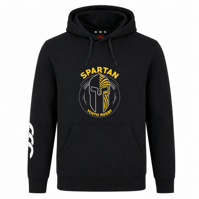 The Spartan Youth Rugby Club Hoodie by WRS Canterbury features a black hooded design with a Spartan helmet and "SPARTAN YOUTH RUGBY" text, plus a white logo on the right sleeve—ideal as a custom rugby club hoodie.