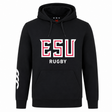 The East Stroudsburg University Club Hoodie by WRS Canterbury features "ESU RUGBY" in white and red on the front and a white right sleeve graphic—perfect for dedicated rugby fans.