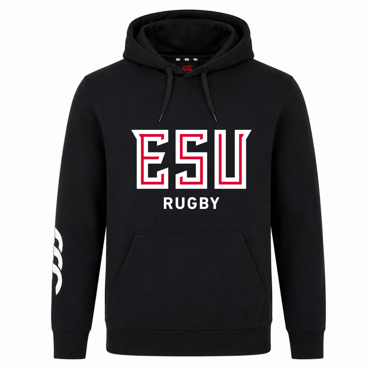 The East Stroudsburg University Club Hoodie by WRS Canterbury features "ESU RUGBY" in white and red on the front and a white right sleeve graphic—perfect for dedicated rugby fans.
