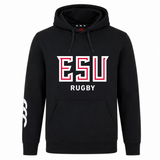 The East Stroudsburg University Club Hoodie by WRS Canterbury features "ESU RUGBY" in white and red on the front and a white right sleeve graphic—perfect for dedicated rugby fans.