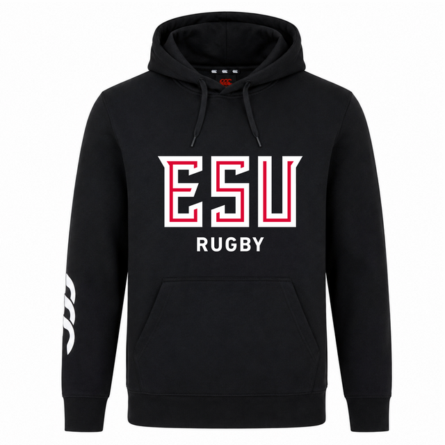 The East Stroudsburg University Club Hoodie by WRS Canterbury features "ESU RUGBY" in white and red on the front and a white right sleeve graphic—perfect for dedicated rugby fans.