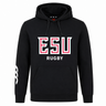 The East Stroudsburg University Club Hoodie by WRS Canterbury features "ESU RUGBY" in white and red on the front and a white right sleeve graphic—perfect for dedicated rugby fans.