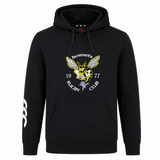 The Hornets Rugby Club 1977 Club Hoodie by Canterbury from WRS Canterbury features a black design with a "Hornets Rugby Club 1977" logo and hornet graphic on the chest, as well as a white stylized detail on the right sleeve. This custom hoodie blends classic sportswear style with unique accents, perfect for any rugby enthusiast.