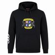 The Winchester Cannons Club Hoodie by WRS Canterbury features a colorful club crest on the chest and a white sleeve graphic—a must-have black rugby hoodie for fans.