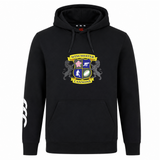 The Winchester Cannons Club Hoodie by WRS Canterbury features a colorful club crest on the chest and a white sleeve graphic—a must-have black rugby hoodie for fans.