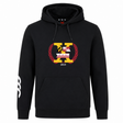 The Potomac Exiles Rugby Club Club Hoodie by Canterbury, from WRS Canterbury, features a classic black design with a front pocket and a distinctive "N" crest adorned with Maryland and DC flags, laurel wreath detail, and "2014" text. Crafted from soft sweatshirt fleece for maximum comfort, this custom hoodie also showcases a bold white graphic on the left sleeve—perfect for those who love standout style with authentic rugby club vibes.