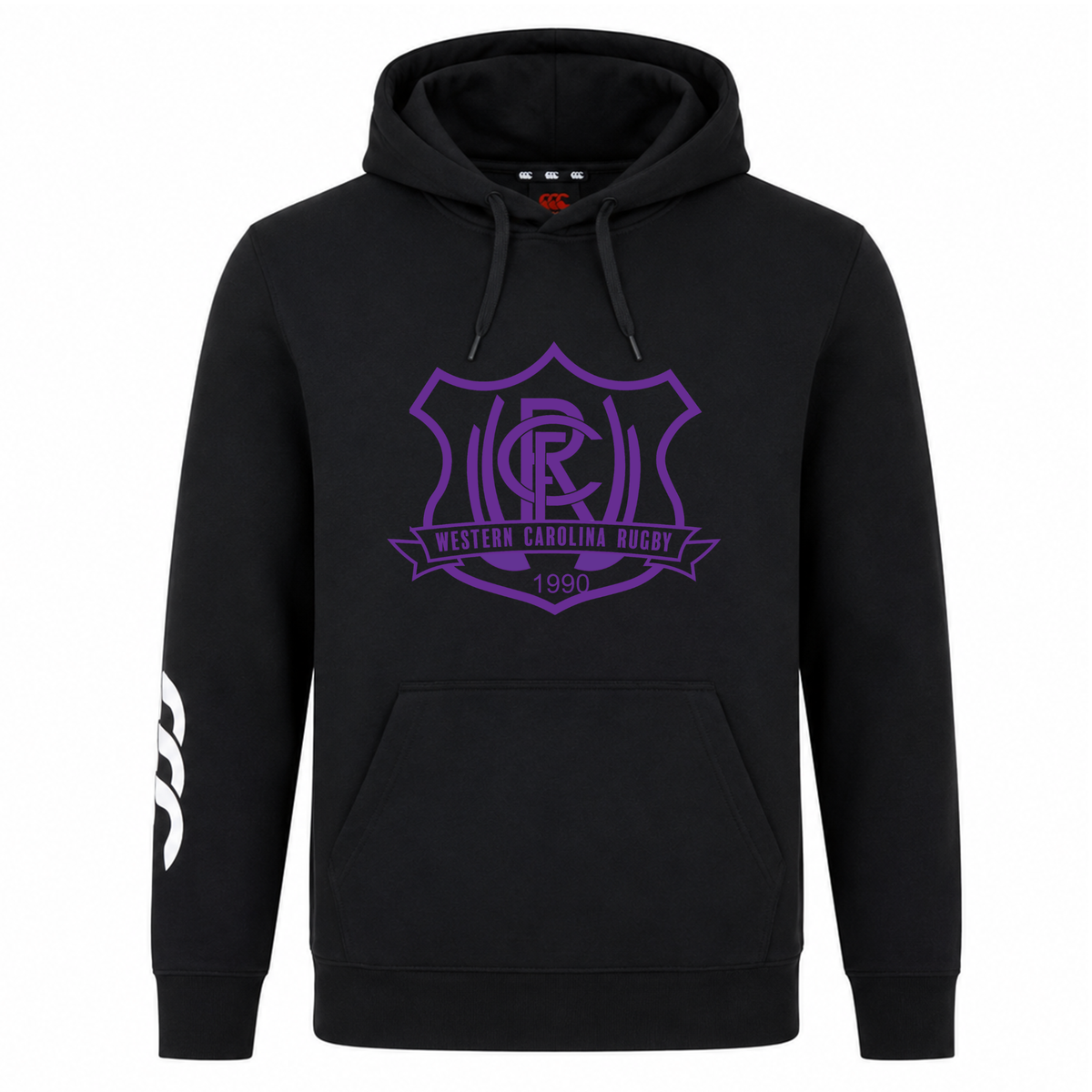 Black Western Carolina University Club Hoodie by Canterbury with a purple Western Carolina Rugby crest on the chest and a white logo on the right sleeve.