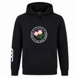 Introducing the Society of Iowa Rugby Referees Club Hoodie by Canterbury—a black hoodie from WRS Canterbury featuring a circular “Society of Iowa Rugby Referees” logo with pink flowers on the chest and three white curved stripes on the right sleeve. A stylish choice for rugby fans and players alike.