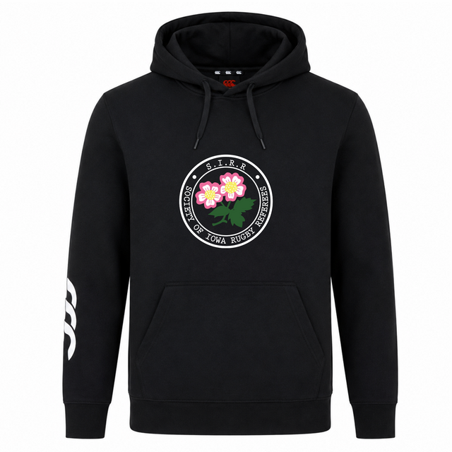 Introducing the Society of Iowa Rugby Referees Club Hoodie by Canterbury—a black hoodie from WRS Canterbury featuring a circular “Society of Iowa Rugby Referees” logo with pink flowers on the chest and three white curved stripes on the right sleeve. A stylish choice for rugby fans and players alike.