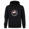 Introducing the Society of Iowa Rugby Referees Club Hoodie by Canterbury—a black hoodie from WRS Canterbury featuring a circular “Society of Iowa Rugby Referees” logo with pink flowers on the chest and three white curved stripes on the right sleeve. A stylish choice for rugby fans and players alike.