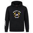Black Mother Lode Club Hoodie by Canterbury featuring a graphic of two crossed gold pickaxes behind a rugby ball, with the text “Mother Lode” and “Rugby.”