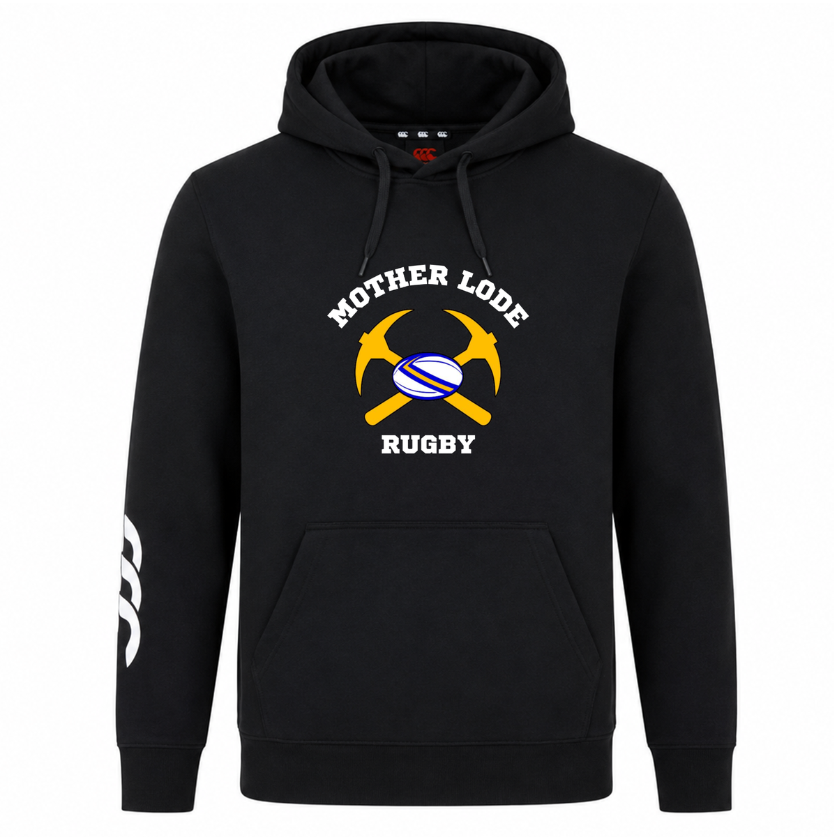 Black Mother Lode Club Hoodie by Canterbury featuring a graphic of two crossed gold pickaxes behind a rugby ball, with the text “Mother Lode” and “Rugby.”