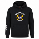 Black Mother Lode Club Hoodie by Canterbury featuring a graphic of two crossed gold pickaxes behind a rugby ball, with the text “Mother Lode” and “Rugby.”