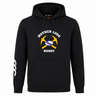 Black Mother Lode Club Hoodie by Canterbury featuring a graphic of two crossed gold pickaxes behind a rugby ball, with the text “Mother Lode” and “Rugby.”