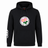 The Society of Iowa Rugby Referees Club Hoodie by Canterbury from WRS Canterbury is a black hoodie featuring a front pocket, the Society of Iowa Rugby Referees logo on the chest, and an eye-catching white three-stripe design on the right sleeve—an ideal addition to any rugby club hoodie collection.