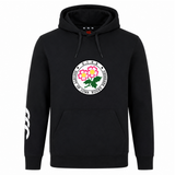 The Society of Iowa Rugby Referees Club Hoodie by Canterbury from WRS Canterbury is a black hoodie featuring a front pocket, the Society of Iowa Rugby Referees logo on the chest, and an eye-catching white three-stripe design on the right sleeve—an ideal addition to any rugby club hoodie collection.