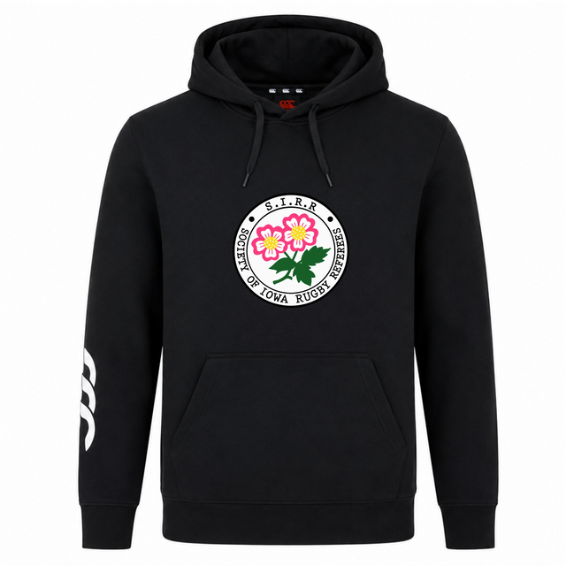 The Society of Iowa Rugby Referees Club Hoodie by Canterbury from WRS Canterbury is a black hoodie featuring a front pocket, the Society of Iowa Rugby Referees logo on the chest, and an eye-catching white three-stripe design on the right sleeve—an ideal addition to any rugby club hoodie collection.