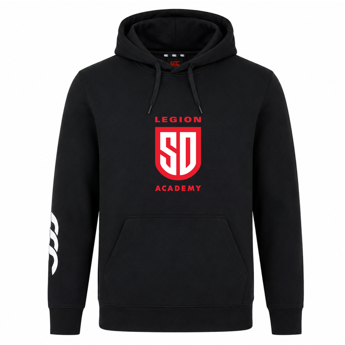 Black Legion Academy Club Hoodie by Canterbury featuring a red “LEGION SD ACADEMY” shield logo on the chest and a white custom hoodie logo on the right sleeve.