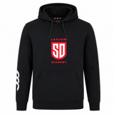 Black Legion Academy Club Hoodie by Canterbury featuring a red “LEGION SD ACADEMY” shield logo on the chest and a white custom hoodie logo on the right sleeve.