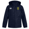 The Gotham Knights Club Vaposhield Stadium Jacket by EMB Canterbury is a navy blue sports jacket with a hood, featuring the Canterbury logo on the right chest and a yellow and green crest on the left. This water-repellent jacket is perfect for all-weather conditions.